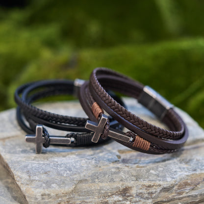 FREE Today: Tri - Color Stainless Steel Cross & Braided Leather Fashion Bracelet