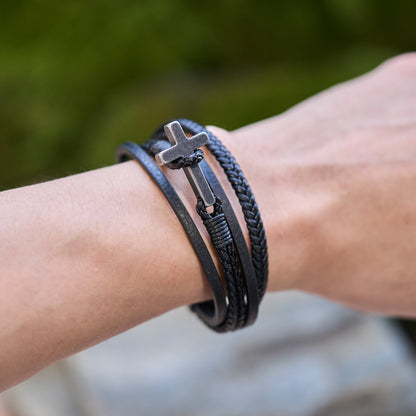 FREE Today: Tri - Color Stainless Steel Cross & Braided Leather Fashion Bracelet
