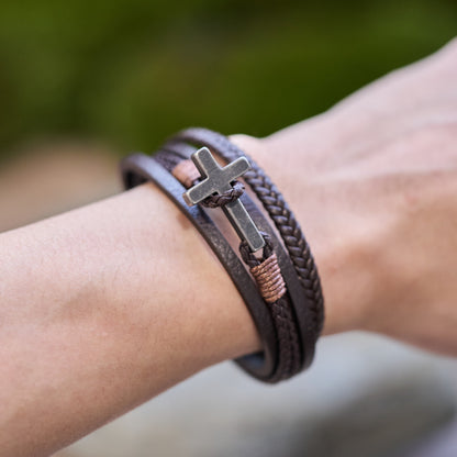 FREE Today: Tri - Color Stainless Steel Cross & Braided Leather Fashion Bracelet