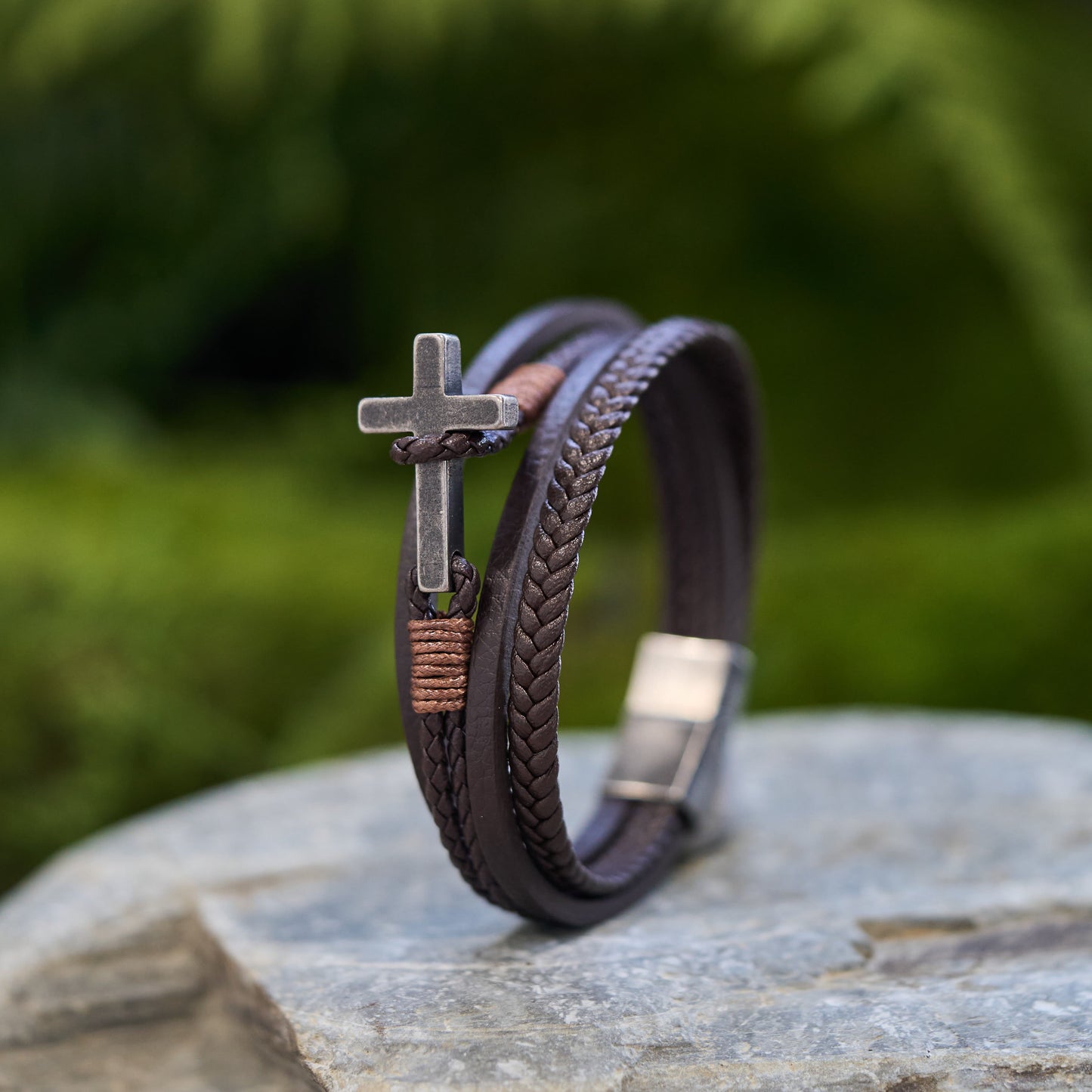 FREE Today: Tri - Color Stainless Steel Cross & Braided Leather Fashion Bracelet