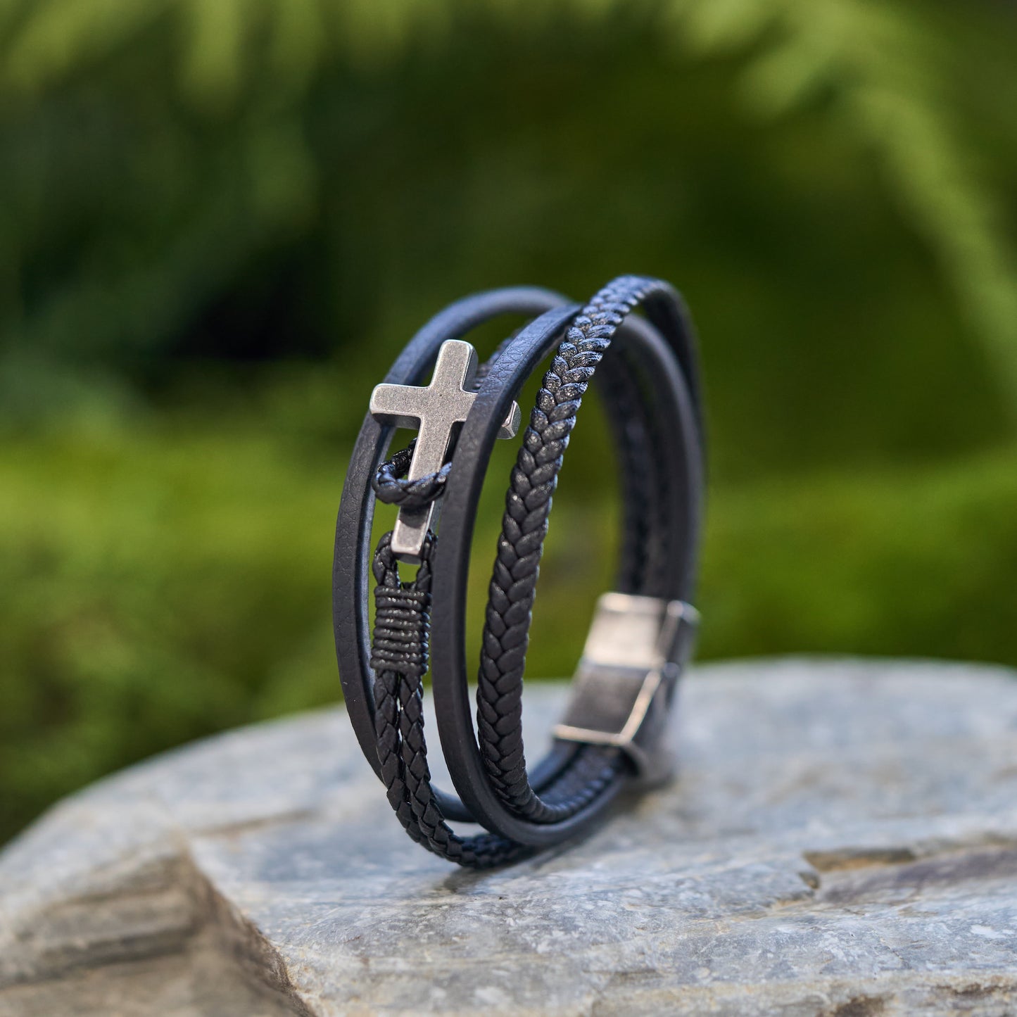 FREE Today: Tri - Color Stainless Steel Cross & Braided Leather Fashion Bracelet